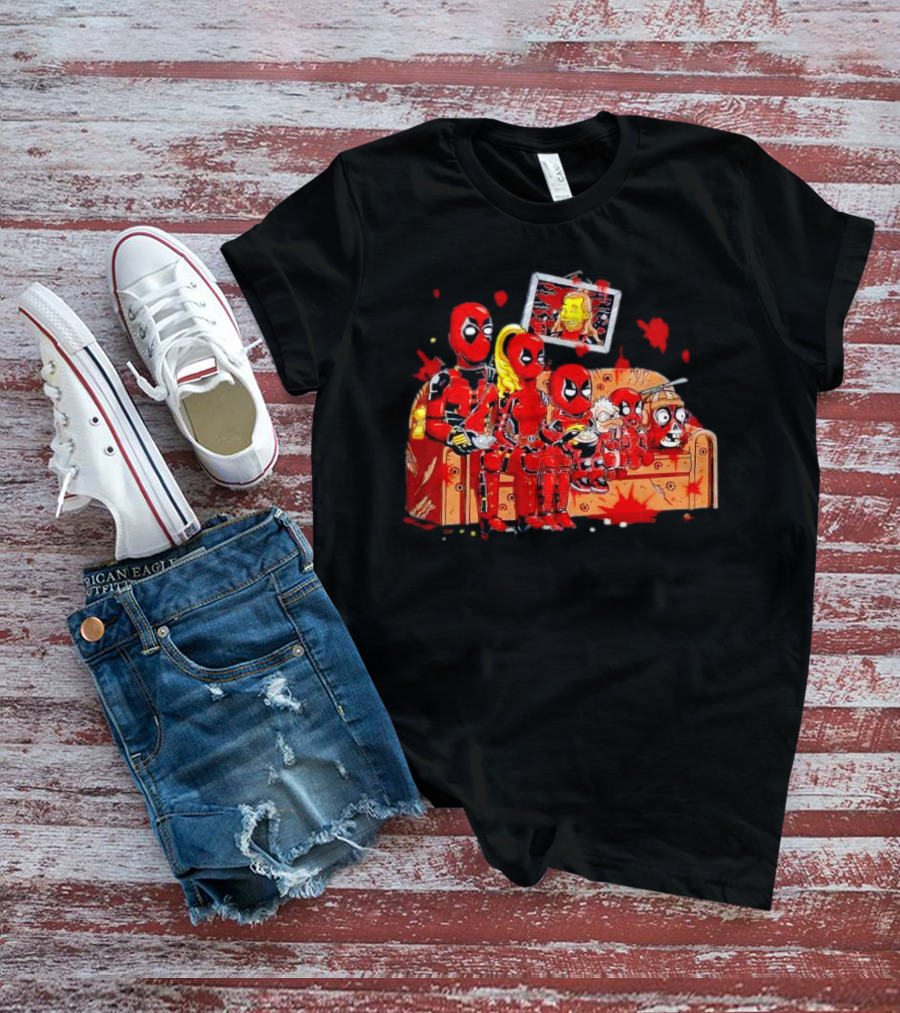 Deadpool Characters Sitting On Simpsons Couch With TV Screen T-Shirt