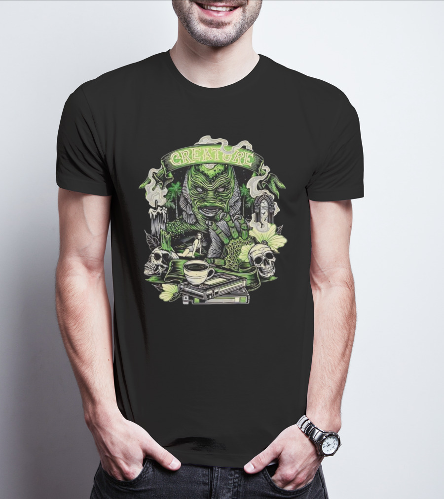 Creature From The Black Lagoon Gill-man Illustrated With Skulls, Books, And Coffee Cup T-Shirt