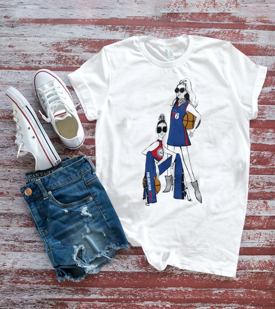Philadelphia 76ers G-III 4Her Basketball Girls Fitted Blue And Red 76 Jersey And Pants With Basketball T-Shirt
