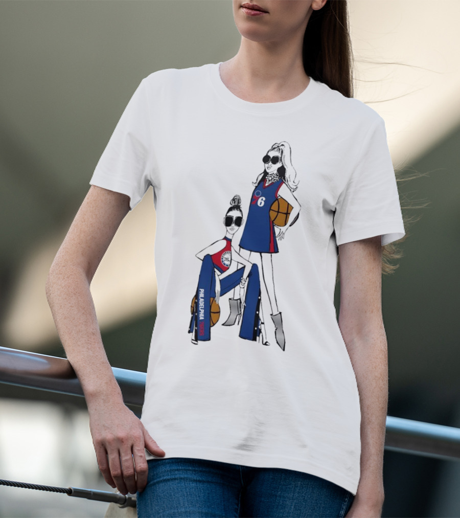 Philadelphia 76ers G-III 4Her Basketball Girls Fitted Blue And Red 76 Jersey And Pants With Basketball T-Shirt