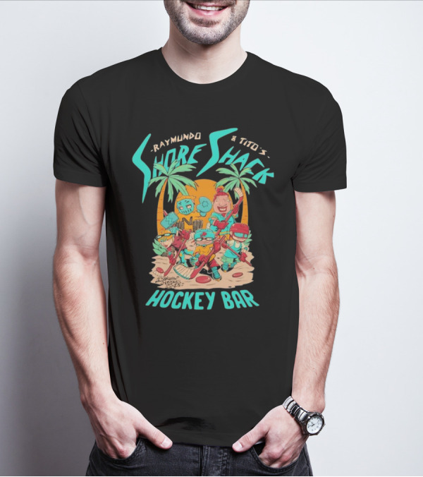 Raymundo And Tito's Shore Shack Hockey Bar Cartoon On The Beach With Hockey Players And Palm Trees T-Shirt