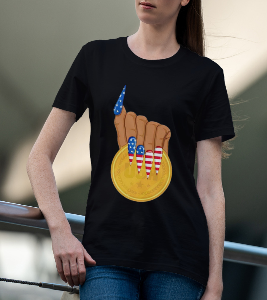 USA Gold Medal Hand With American Flag Nails T-Shirt