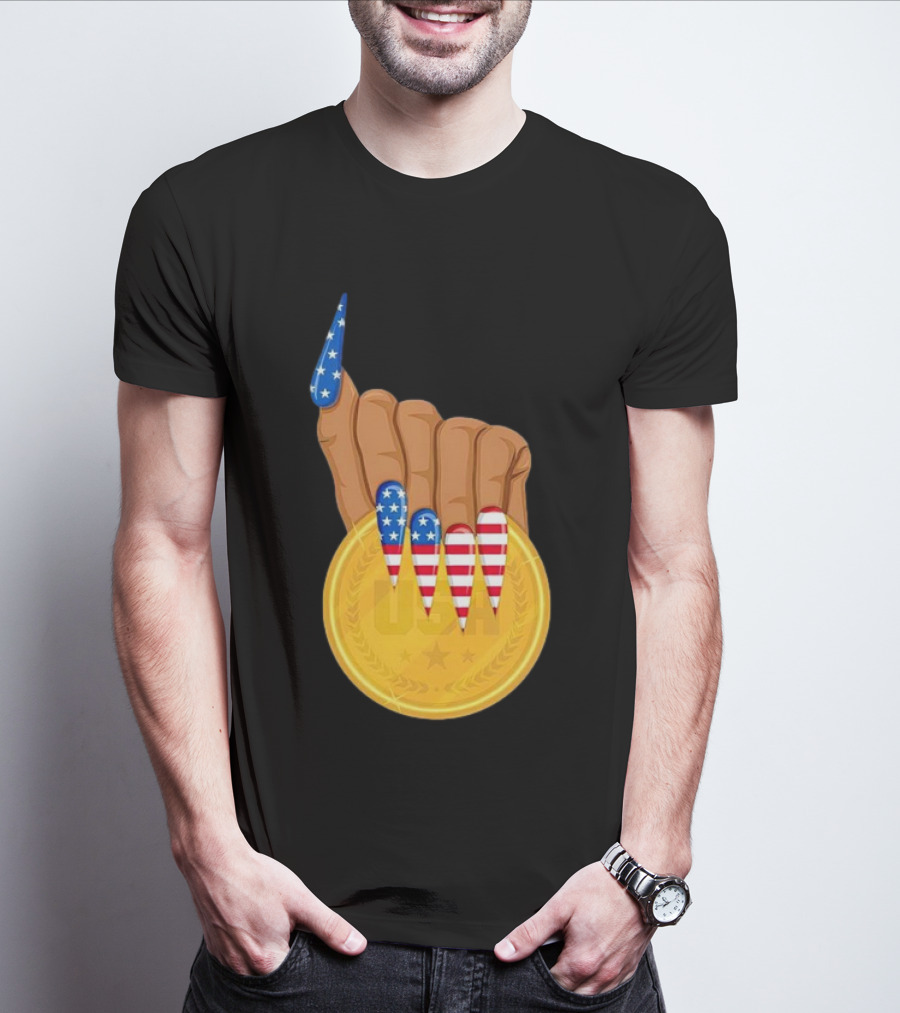 USA Gold Medal Hand With American Flag Nails T-Shirt