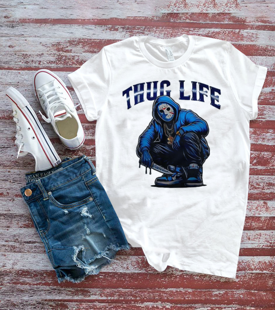 Thug Life Masked Man Sitting With Knife In Blue Hoodie And Sneakers T-Shirt