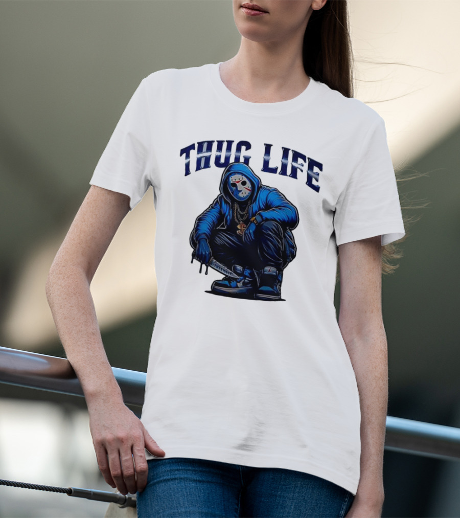 Thug Life Masked Man Sitting With Knife In Blue Hoodie And Sneakers T-Shirt