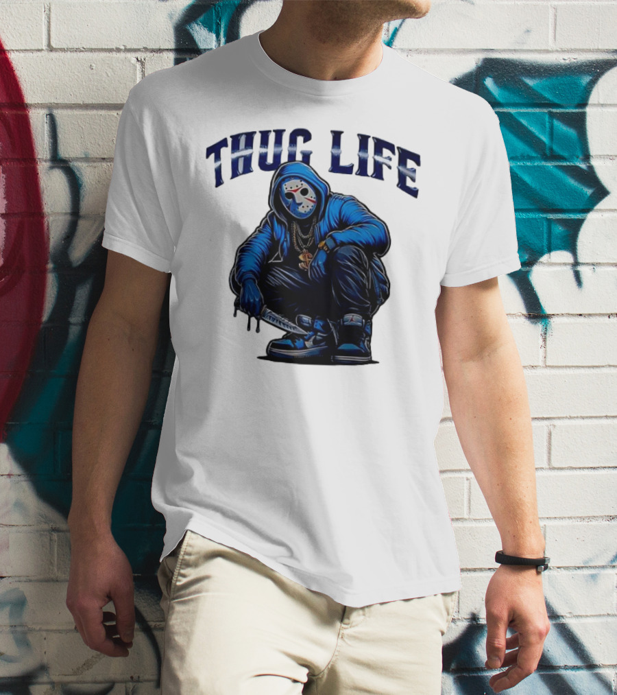 Thug Life Masked Man Sitting With Knife In Blue Hoodie And Sneakers T-Shirt
