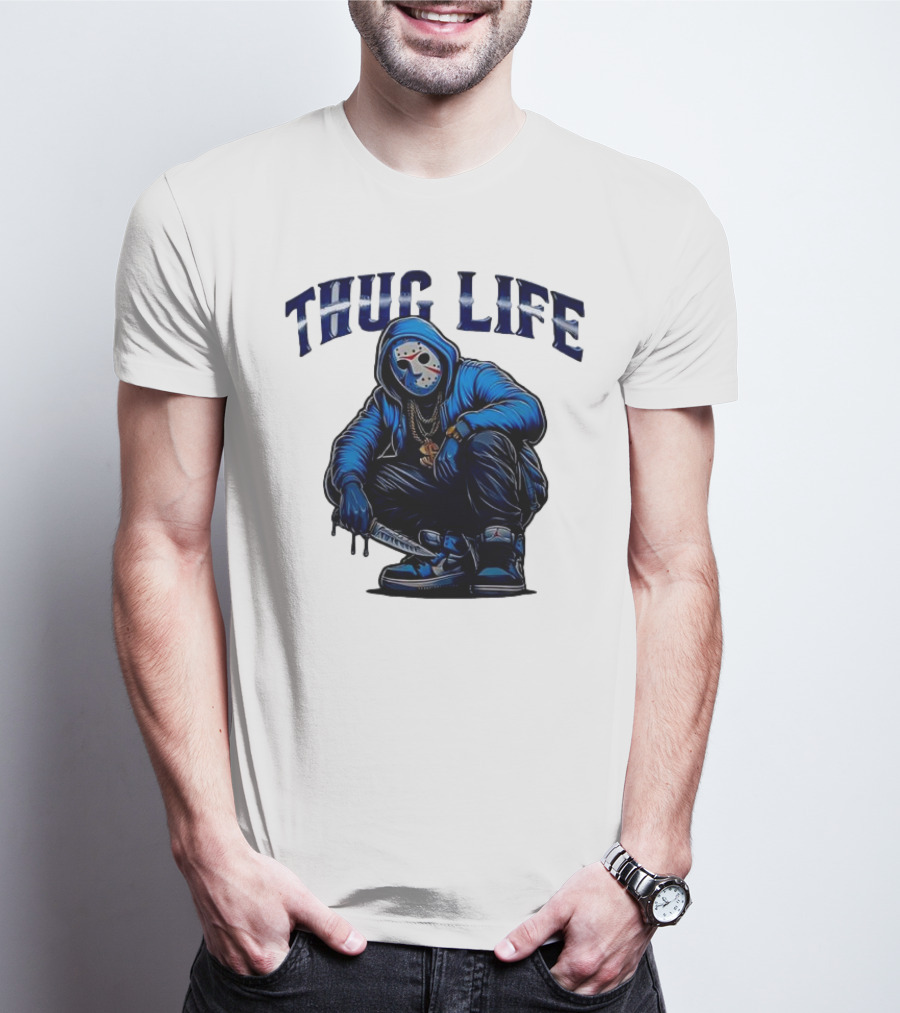 Thug Life Masked Man Sitting With Knife In Blue Hoodie And Sneakers T-Shirt