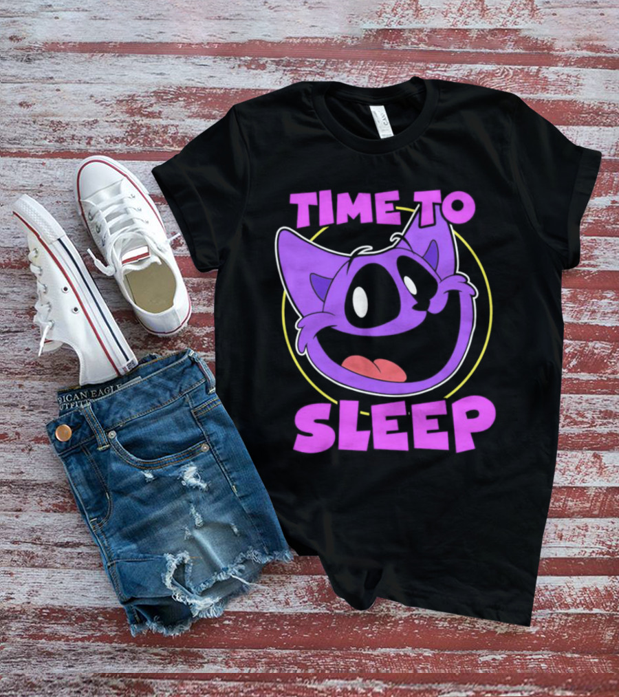 Time To Sleep Purple Cat Cartoon Face T-Shirt