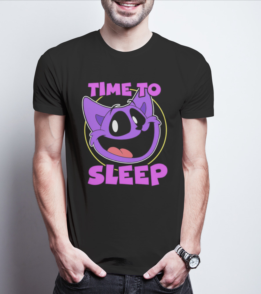 Time To Sleep Purple Cat Cartoon Face T-Shirt
