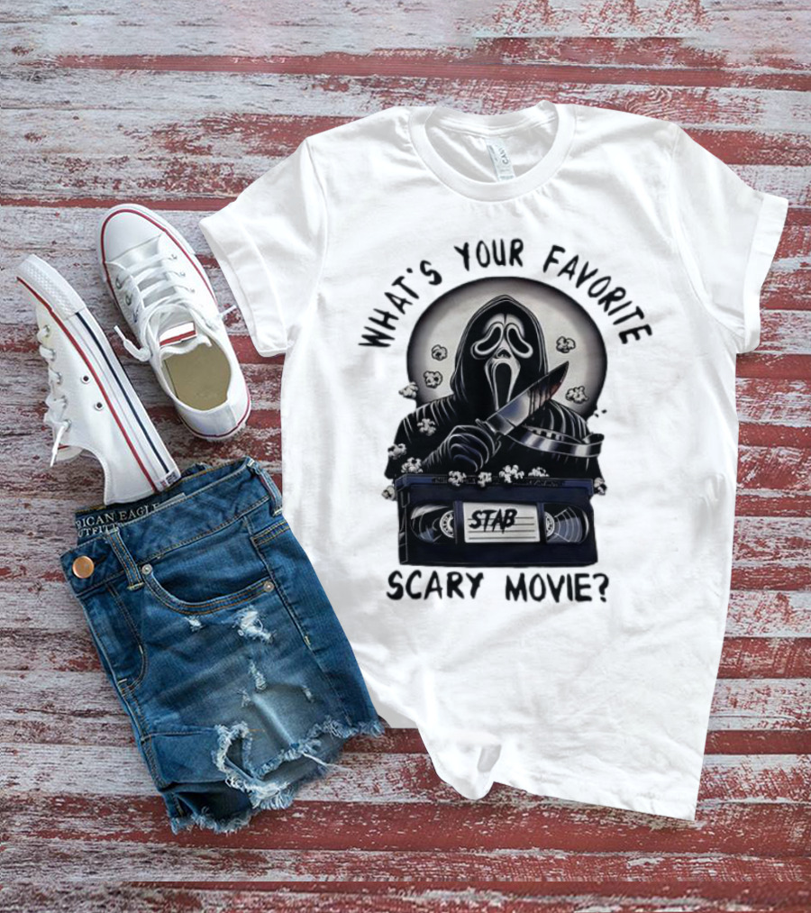 What's Your Favorite Scary Movie Ghostface Stab VHS Popcorn T-Shirt