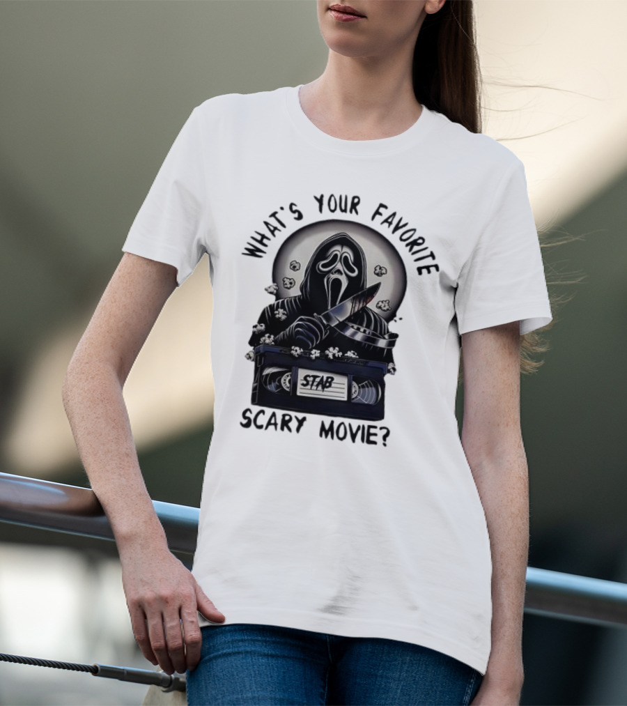 What's Your Favorite Scary Movie Ghostface Stab VHS Popcorn T-Shirt