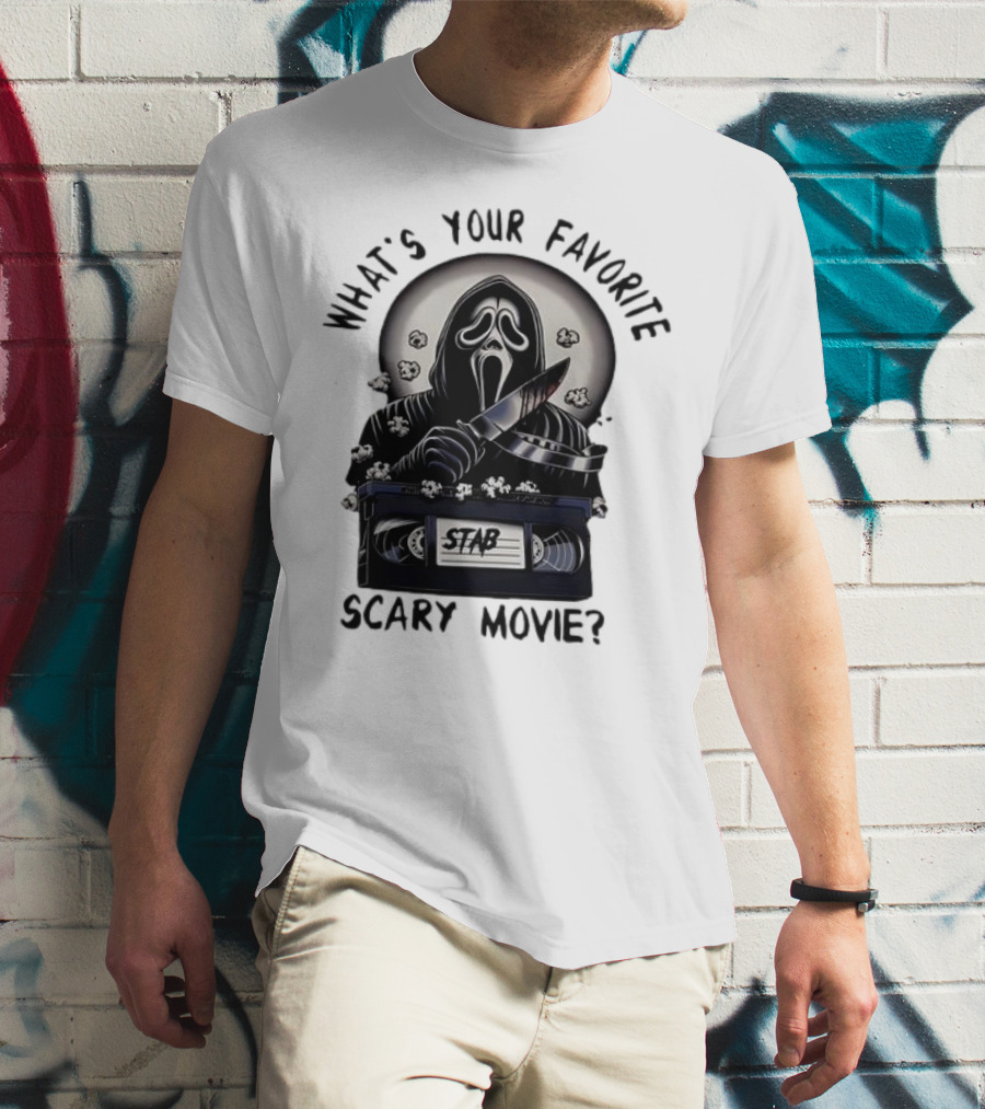 What's Your Favorite Scary Movie Ghostface Stab VHS Popcorn T-Shirt