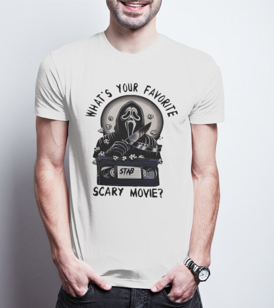 What's Your Favorite Scary Movie Ghostface Stab VHS Popcorn T-Shirt