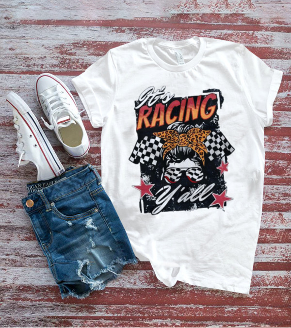 It's Racing Y'all Racing Girl Checkered Flag Leopard Print Bow T-Shirt