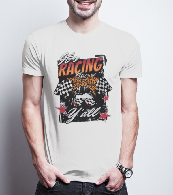 It's Racing Y'all Racing Girl Checkered Flag Leopard Print Bow T-Shirt