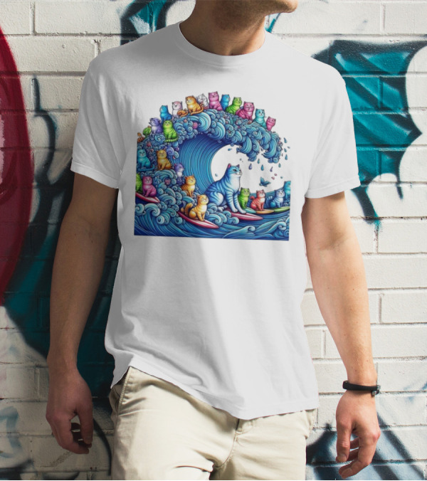 Cats Surfing In A Colorful Wave Bringing Joy T-Shirt