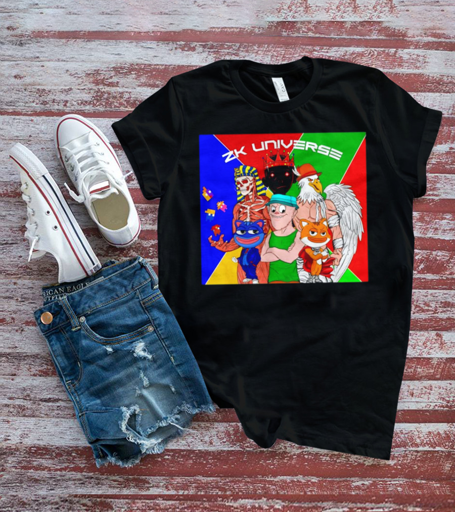 ZK Universe Colorful Characters With Pharaoh Skeleton, Crowned Figure, And Winged Eagle T-Shirt