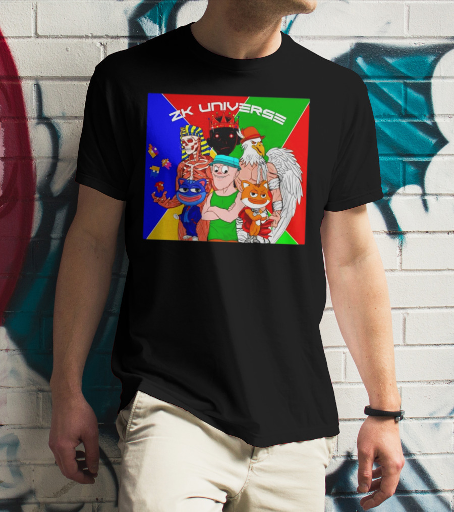 ZK Universe Colorful Characters With Pharaoh Skeleton, Crowned Figure, And Winged Eagle T-Shirt