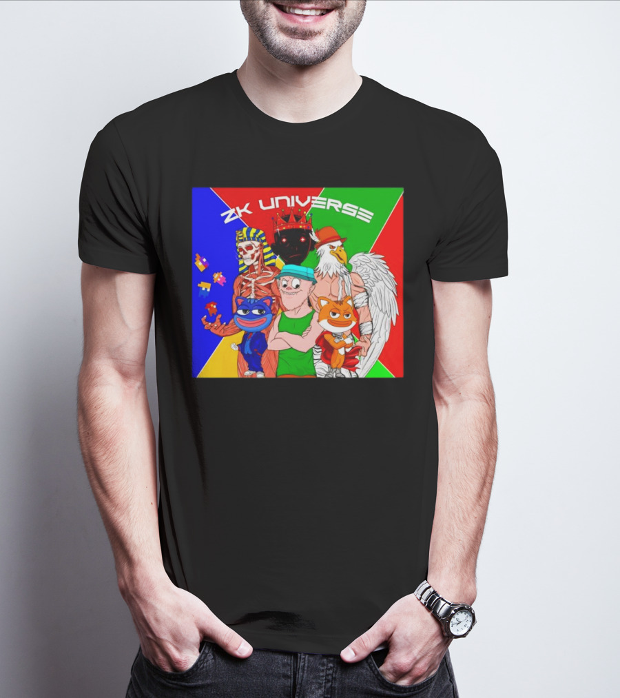 ZK Universe Colorful Characters With Pharaoh Skeleton, Crowned Figure, And Winged Eagle T-Shirt