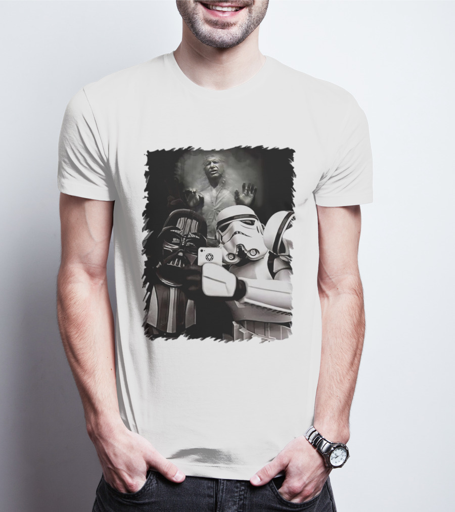 Star Wars Darth Vader And Stormtrooper Taking Selfie With Han Solo Frozen In Carbonite T-Shirt