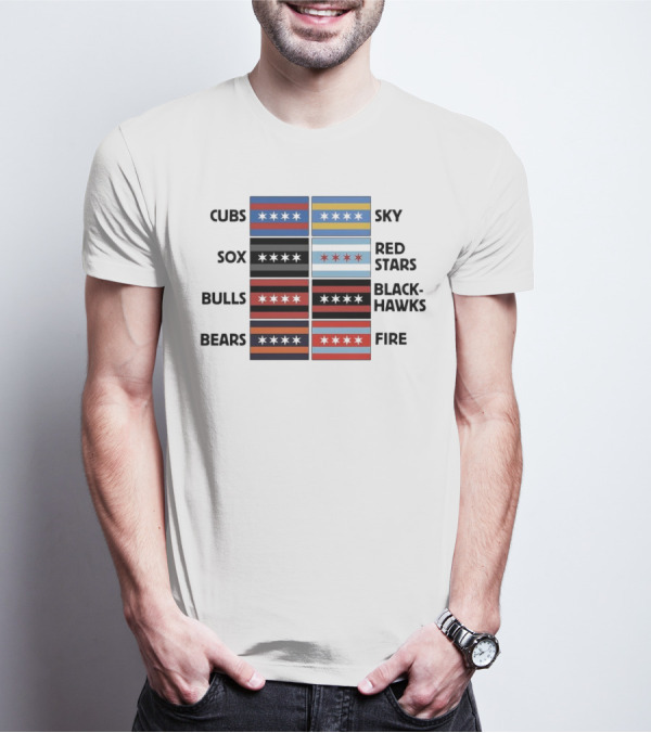 Chicago Cubs Sox Bulls Bears Sky Red Stars Blackhawks Fire Flag T-Shirt