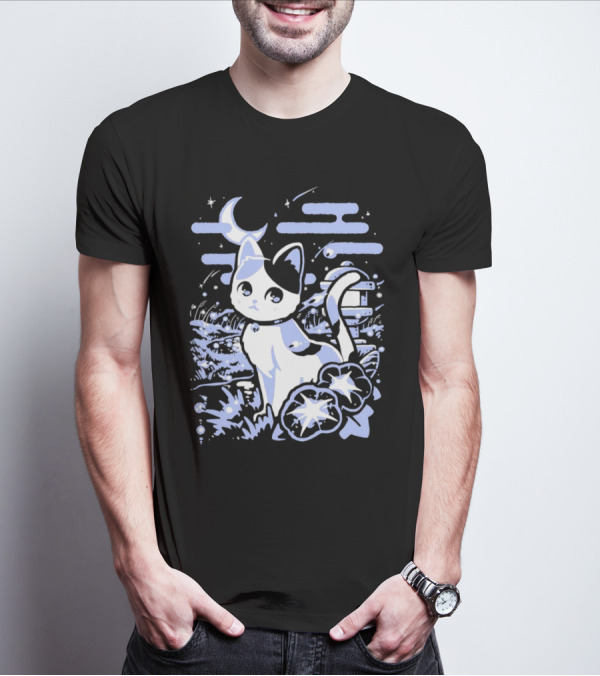 A Cat Amidst Moonlit Fireflies And Stars T-Shirt