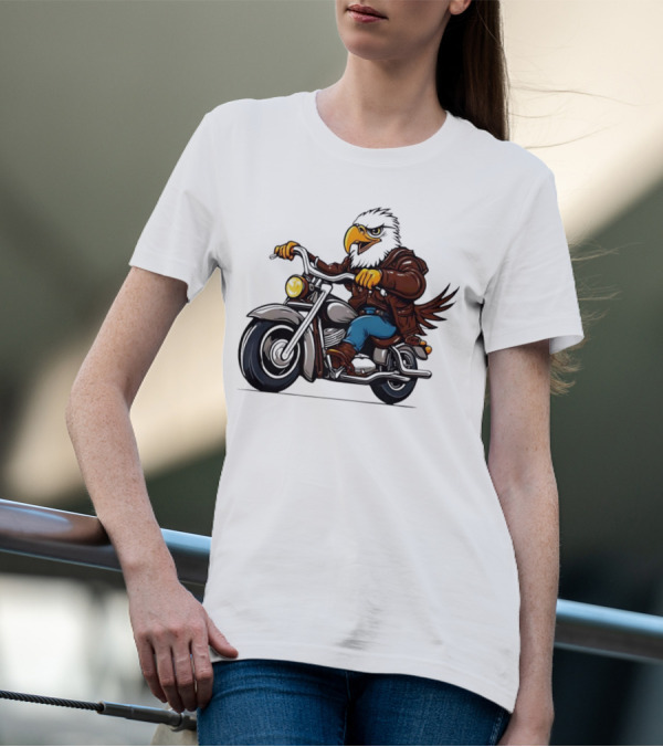 Eagle Riding Motorcycle In Brown Jacket And Blue Jeans T-Shirt