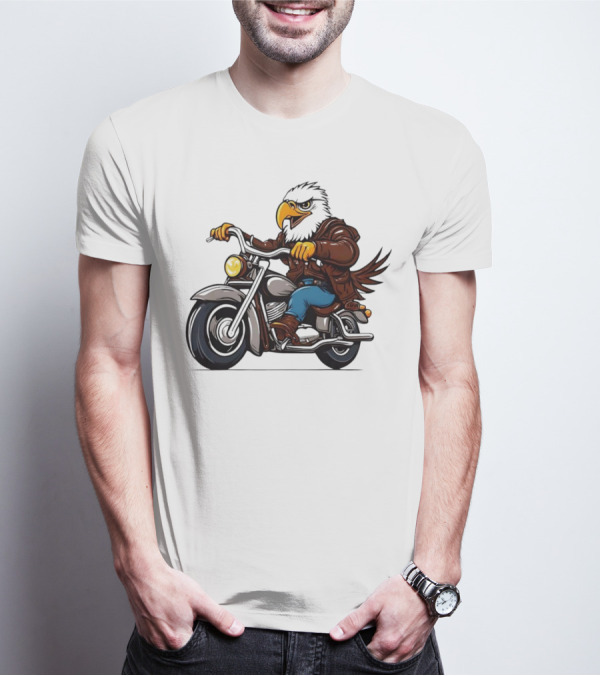 Eagle Riding Motorcycle In Brown Jacket And Blue Jeans T-Shirt