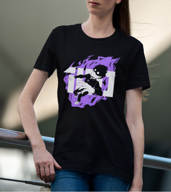 Mob Psycho 100 Psyched Out Character With Purple Aura And Bold Typography T-Shirt