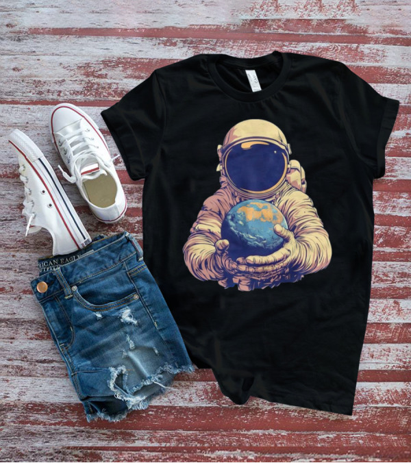 Astronaut Embracing Planet Earth Cosmic Guardians Of Home T-Shirt