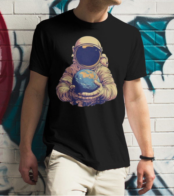 Astronaut Embracing Planet Earth Cosmic Guardians Of Home T-Shirt