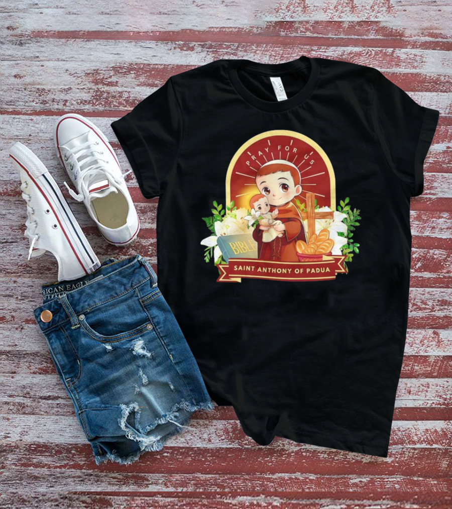 Saint Anthony Of Padua Pray For Us Cartoon With Bible And Bread T-Shirt