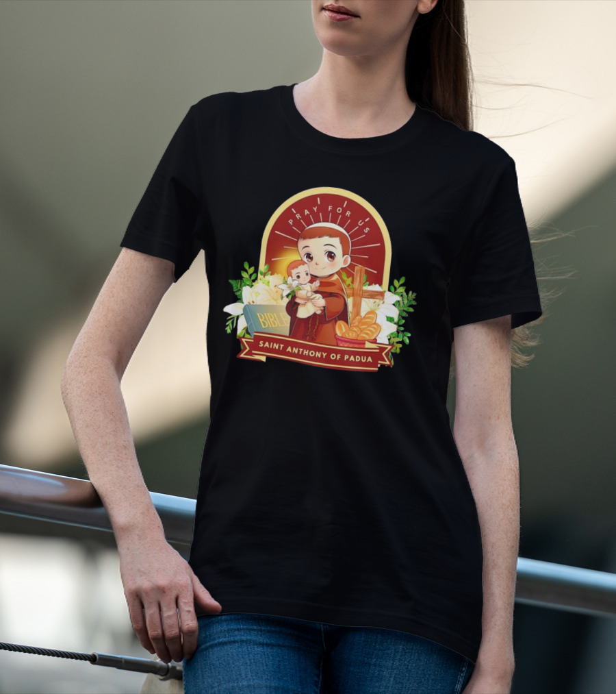 Saint Anthony Of Padua Pray For Us Cartoon With Bible And Bread T-Shirt