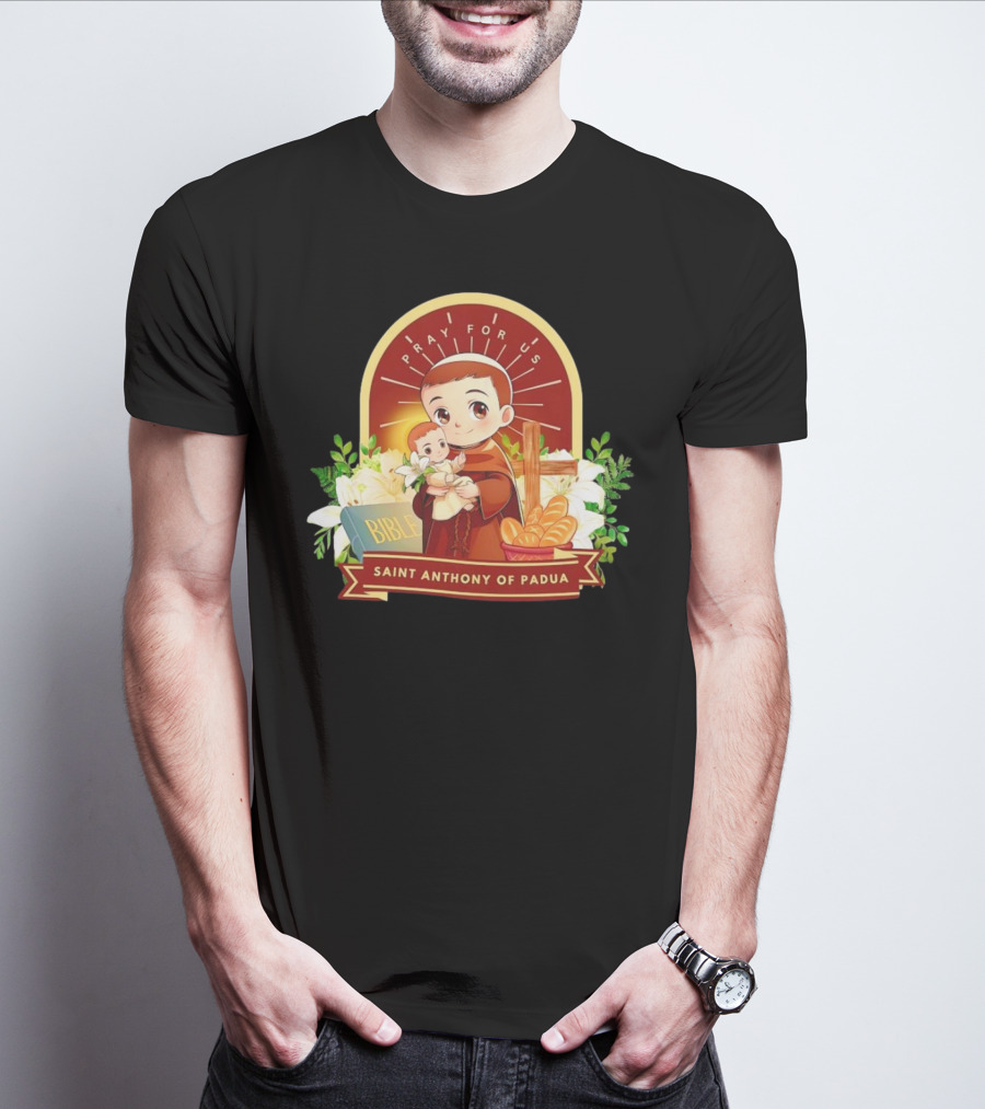Saint Anthony Of Padua Pray For Us Cartoon With Bible And Bread T-Shirt