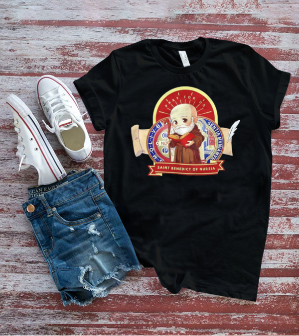Saint Benedict Of Nursia Pray For Us Cartoon M O L I V B Senitas Munian E I V B Benedict II O S Smqlv X O P S V R S M Q L I V B P A X C S P B T-Shirt