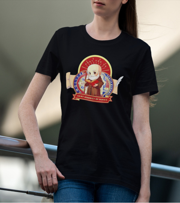 Saint Benedict Of Nursia Pray For Us Cartoon M O L I V B Senitas Munian E I V B Benedict II O S Smqlv X O P S V R S M Q L I V B P A X C S P B T-Shirt