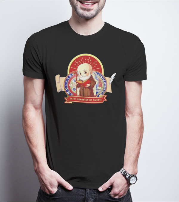Saint Benedict Of Nursia Pray For Us Cartoon M O L I V B Senitas Munian E I V B Benedict II O S Smqlv X O P S V R S M Q L I V B P A X C S P B T-Shirt