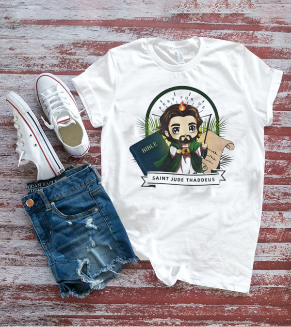 Saint Jude Thaddeus Pray For Us Cartoon Bible Scroll Flame T-Shirt