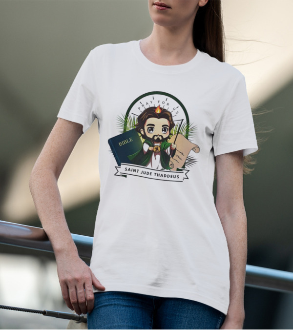 Saint Jude Thaddeus Pray For Us Cartoon Bible Scroll Flame T-Shirt