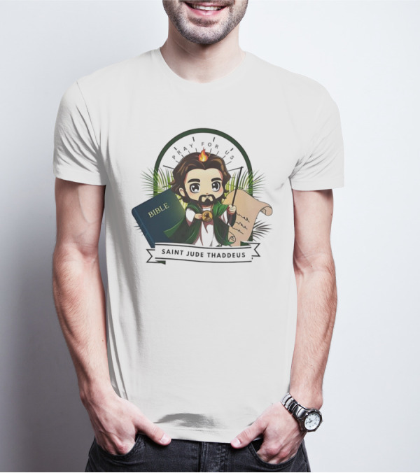 Saint Jude Thaddeus Pray For Us Cartoon Bible Scroll Flame T-Shirt
