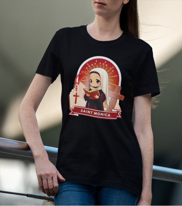 Saint Monica Pray For Us Cartoon Hippo Theme With Book And Cross T-Shirt