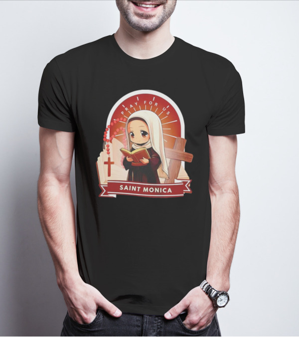 Saint Monica Pray For Us Cartoon Hippo Theme With Book And Cross T-Shirt
