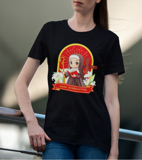 Saint Scholastica Pray For Us Cartoon Cute Nun Illustration With Cross And Flowers T-Shirt