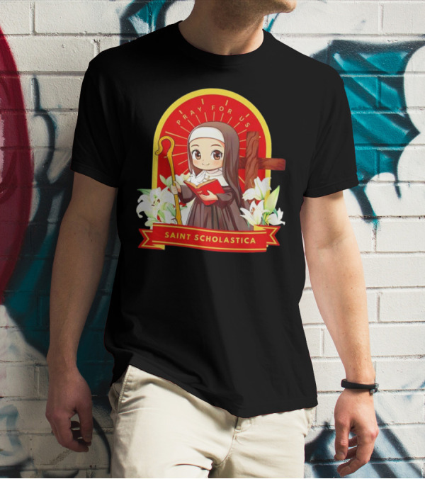 Saint Scholastica Pray For Us Cartoon Cute Nun Illustration With Cross And Flowers T-Shirt
