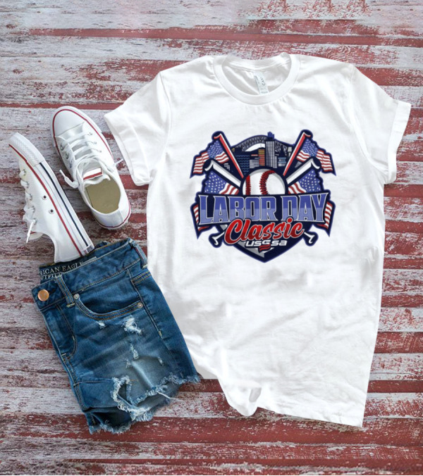 Labor Day Classic USSSA Baseball Crossed Bats And American Flag Themed Shield Logo T-Shirt