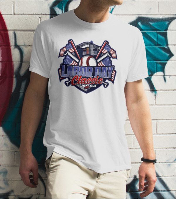 Labor Day Classic USSSA Baseball Crossed Bats And American Flag Themed Shield Logo T-Shirt