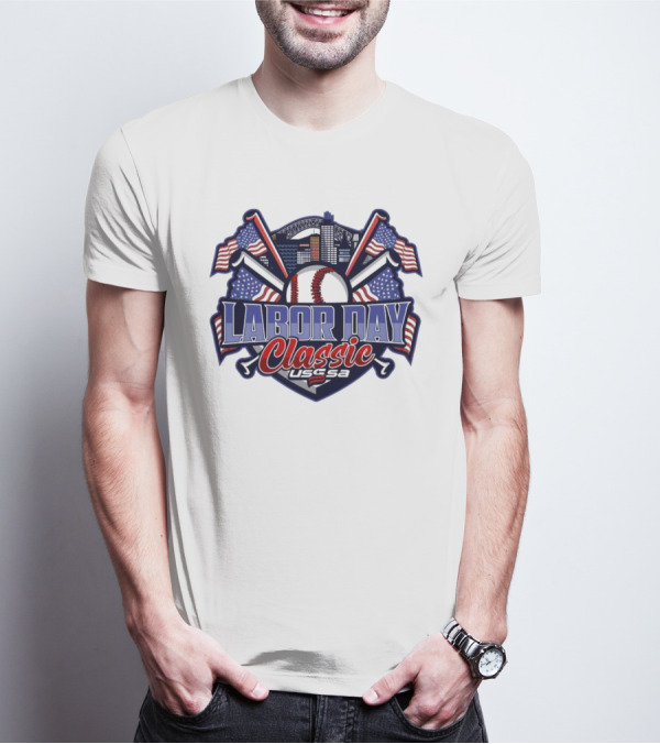 Labor Day Classic USSSA Baseball Crossed Bats And American Flag Themed Shield Logo T-Shirt