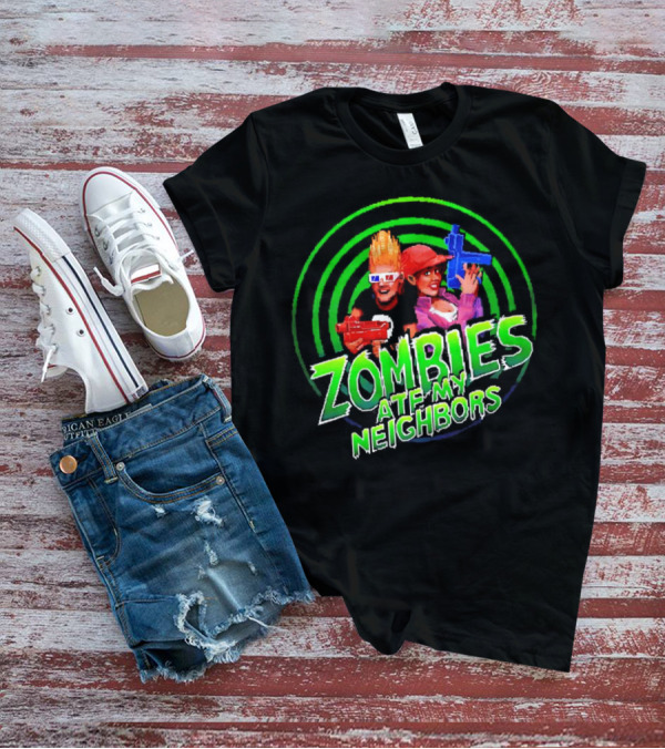 Zombies Ate My Neighbors Zombie Hunters Game Retro Style 90s Arcade Action Kids With Toy Blasters T-Shirt