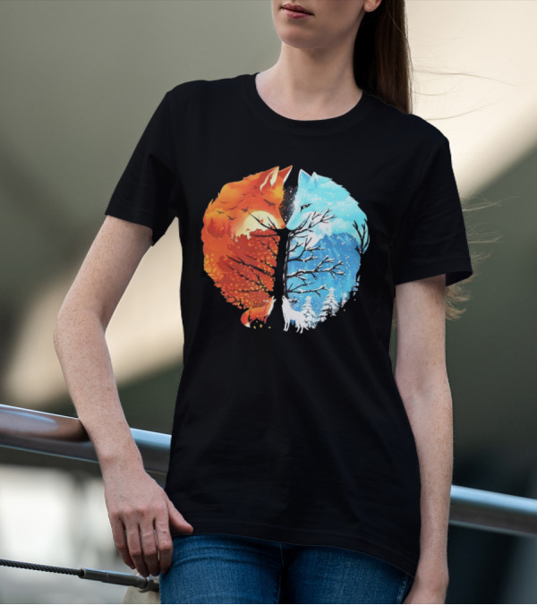 Fire And Ice Fox Dual Seasons Tree T-Shirt