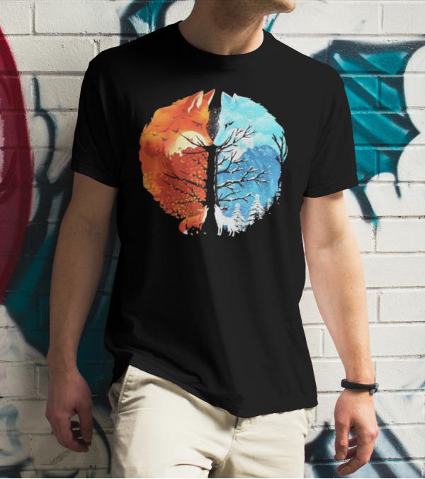 Fire And Ice Fox Dual Seasons Tree T-Shirt